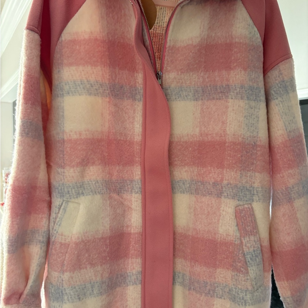 New BiBi Pink Plaid Teddy Jacket. Close up pictures are to show the colors